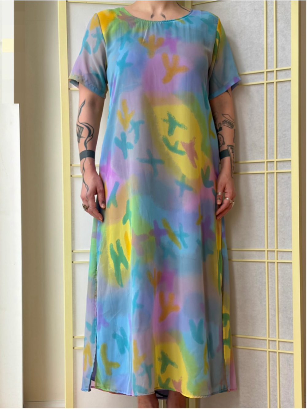 Vintage Pastel Maxi Sheer Sheath Tie Back Dress - Picture 2 of 6